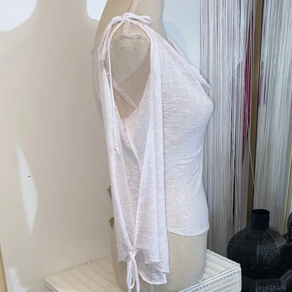 Vintage White Women's Cut Out Blouse with Draped Neckline - Picture 6 of 17